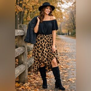 Black Off Shoulder Leopard Print Midi Dress XL | Boho Chic Statement Piece